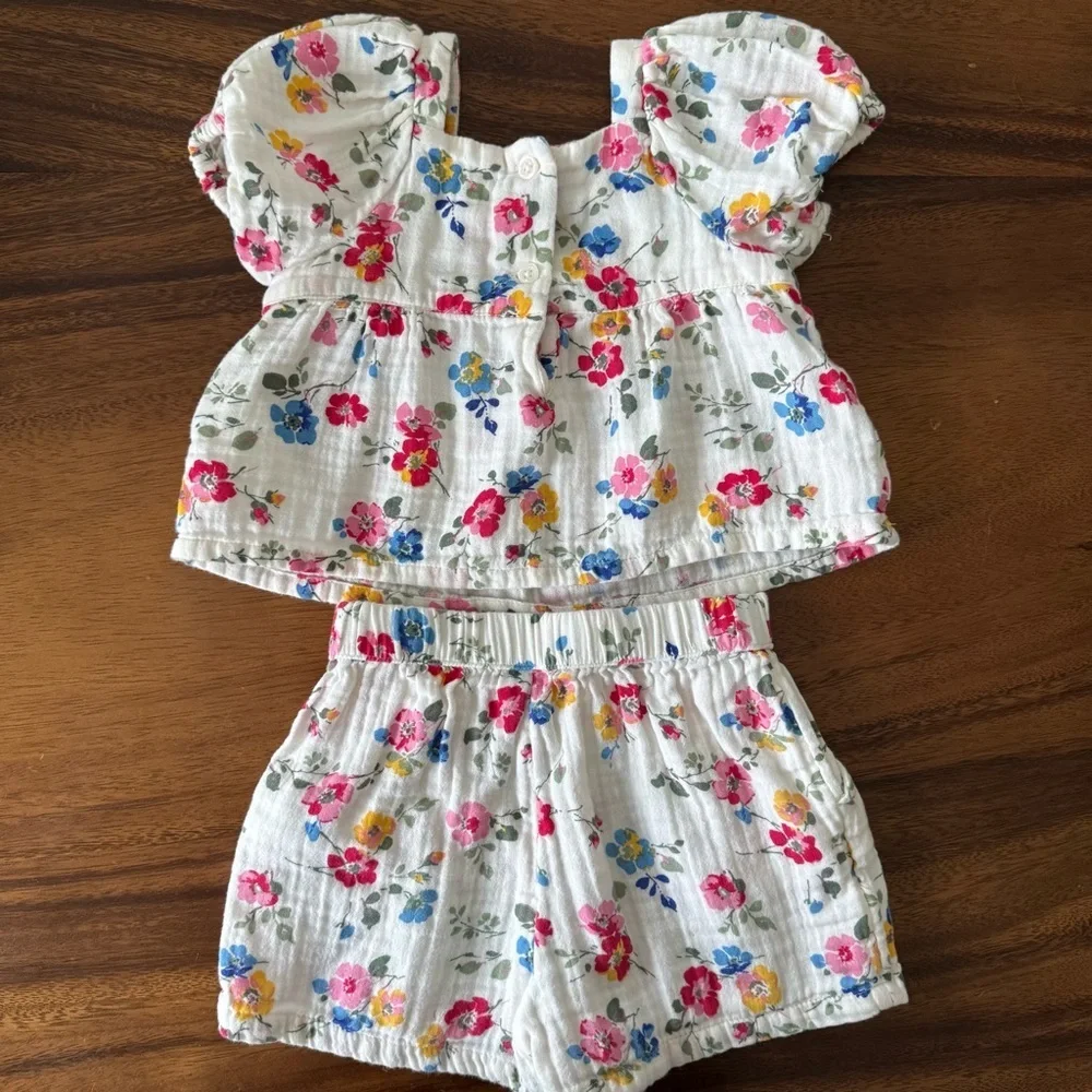 GAP Baby Boho Floral Gauze Cotton Puff Sleeves Top and Shorts Set 6-12M